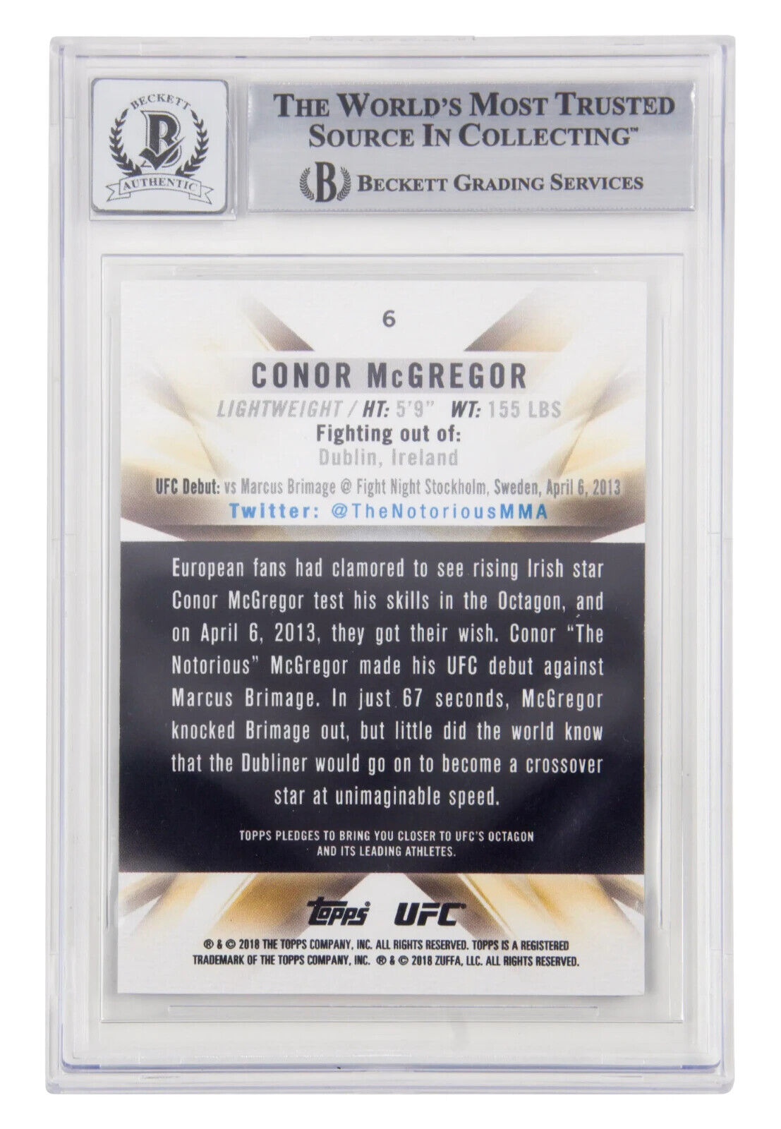 Conor McGregor Signed 2018 Topps UFC Knockout #6 – BGS 10 Autograph